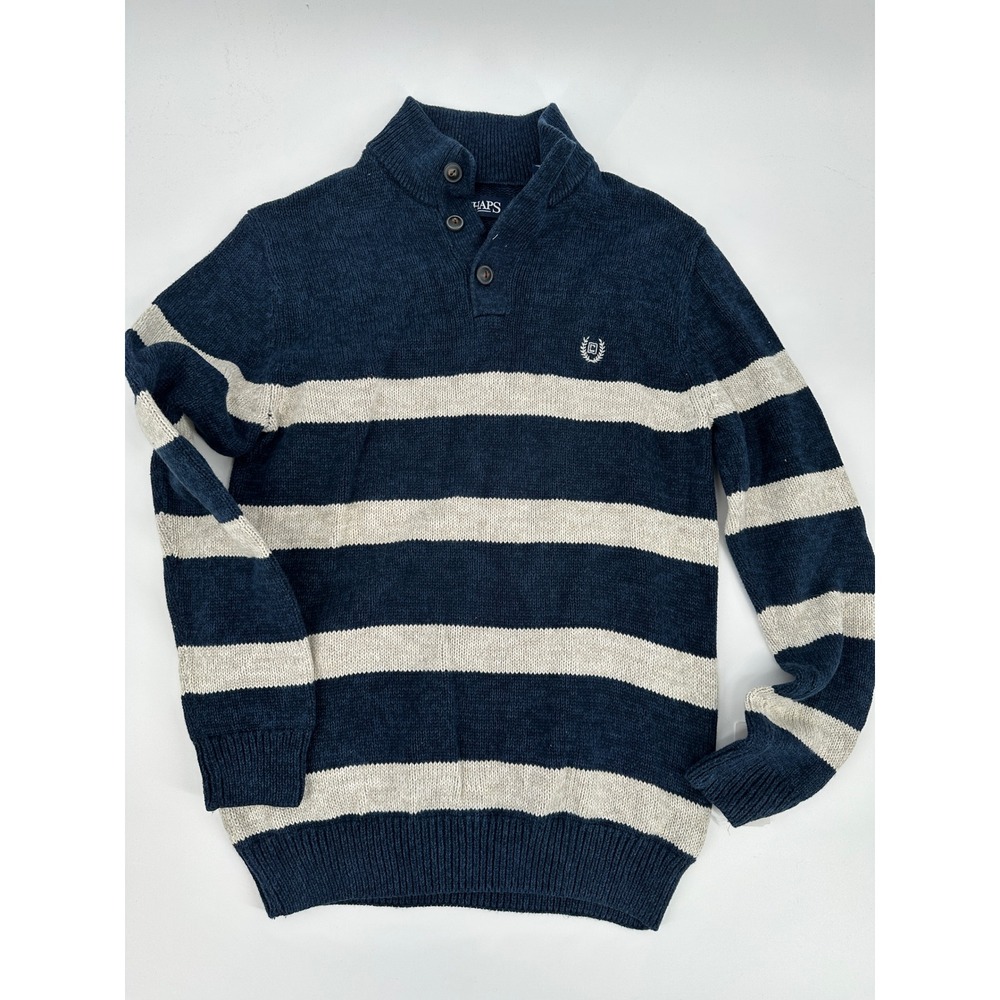 Chaps Mens Striped Mock Neckโ Button Sweater Blue Khaki Cotton Size S
